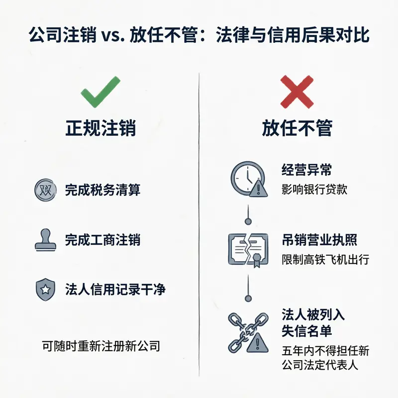公司不经营了不注销有什么后果:正规注销与放任不管的对比