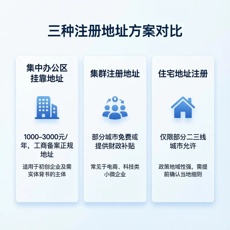 没有地址怎么办理营业执照:集中办公区挂靠、集群注册、住宅注册三种方案对比