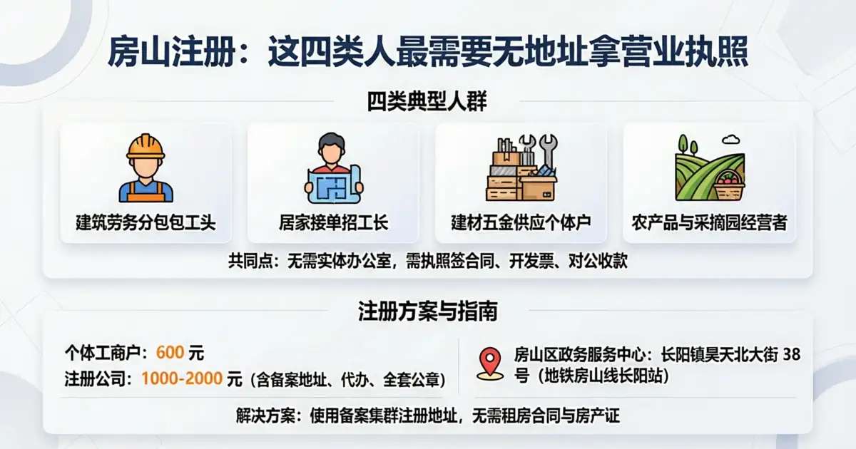 房山包工头和建材个体户没办公室怎么注册拿营业执照