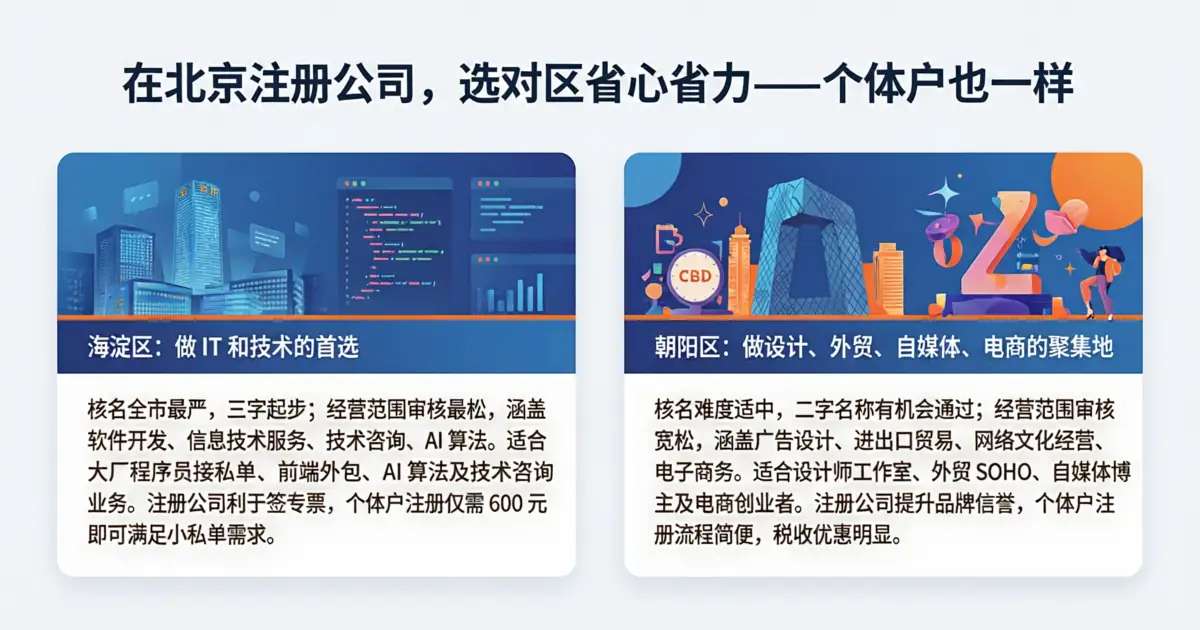 北京注册公司选哪个区好——个体户和公司怎么选对区