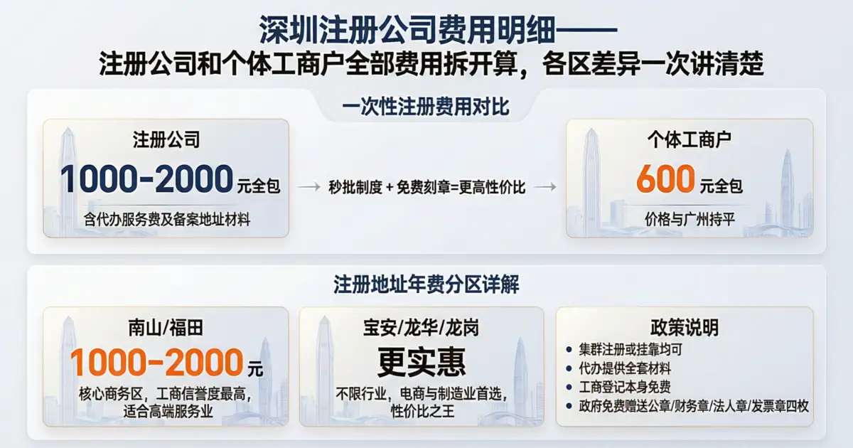 深圳注册公司费用明细——公司和个体工商户费用全拆开,各区差异一次讲清楚
