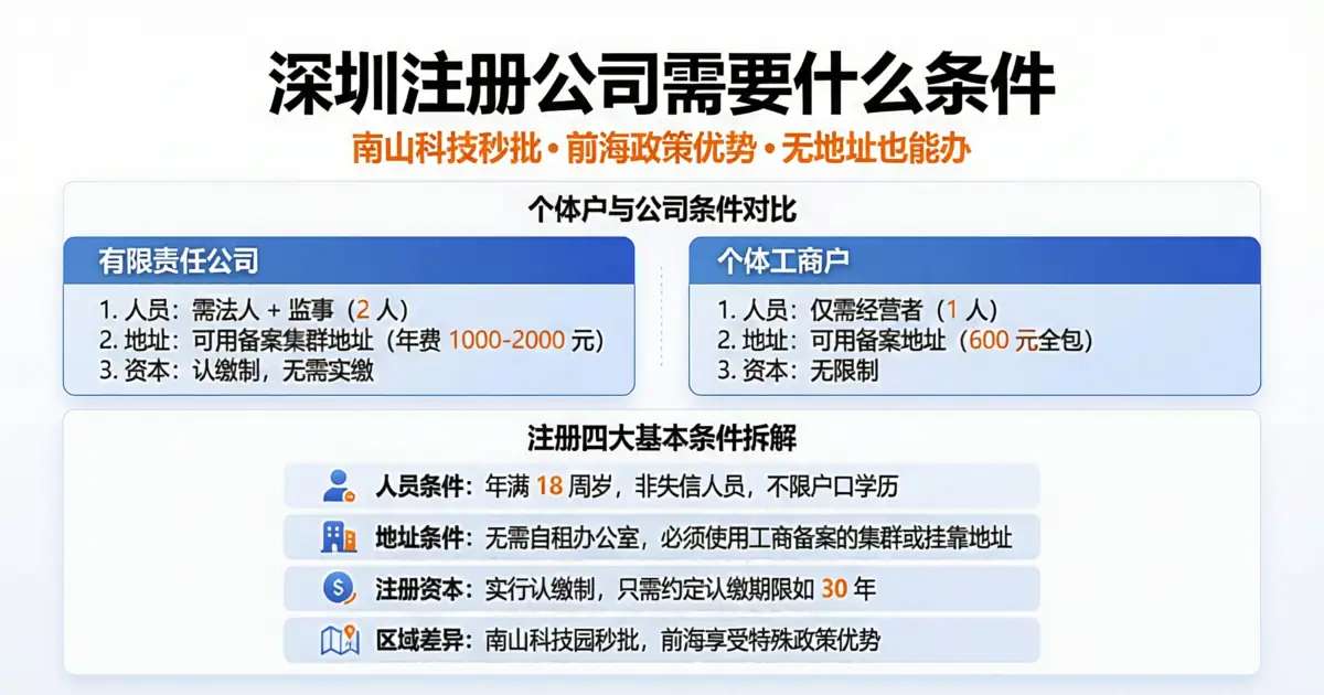 深圳注册公司需要什么条件——个体户和公司条件对比没地址也能办